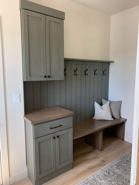 Mudroom Ideas Beadboard, Side Door Entrance Ideas Mud Rooms, Entryway Seating And Storage, Mudroom Dining Room, Bench Under Window Mudroom, Drop Zone With Window, Black Drop Zone, Large Mud Room Ideas Entryway, Farmhouse Mud Rooms