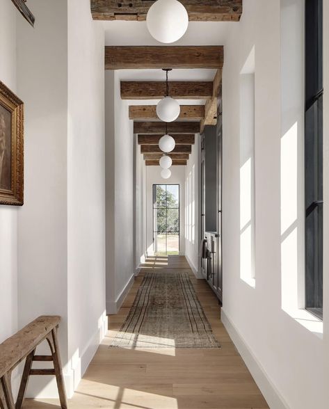 Built In Bunk Beds, January Newsletter, Exposed Beams Ceiling, Beams Living Room, Rustic Hallway, Hallway Design, Wood Beam Ceiling, Long Hallway, Austin Homes