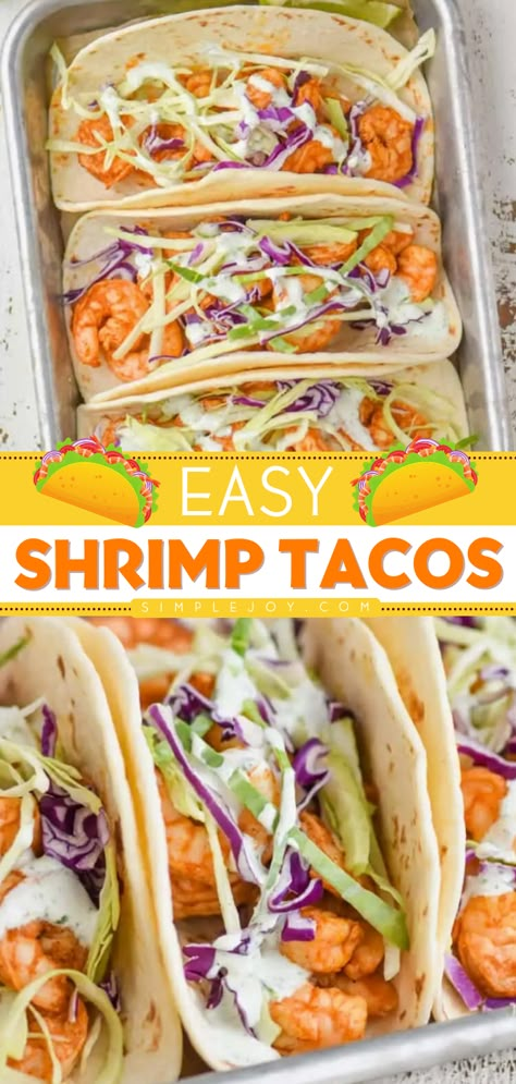 Looking for the best weeknight dinner idea? These Easy Shrimp Tacos are light, fresh, and so full of flavor! Simple and easy to make, they’re ideal for a busy weeknight meal. What an easy dinner idea for the family! Tacos Recipes Shrimp, How To Make Shrimp Tacos, Dressing For Shrimp Tacos, Shrimp Tacos Slaw, Shrimp Taco Sauce Recipe, Hello Fresh Shrimp Tacos, Shrimp Street Tacos Recipe, Shrimp Tostadas Mexican, Simple Shrimp Tacos