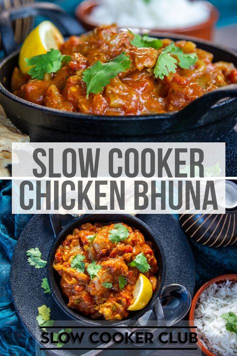 Slow Cooker Chicken Bhuna is a medium heat curry with a thick tomato, chilli and onion sauce seasoned with a medley of spices to create masses of flavour! 🌶️ Can be cooked in a crockpot too with equally as amazing results. Healthy Asian Slow Cooker Recipes, How Do I Find My Saved Recipes On Pinterest, Bbc Good Food Slow Cooker Recipes, One Pot Slow Cooker Meals, Curry Slow Cooker Recipes, Slow Cooked Chicken Curry, Slow Cook Curry, Indian Crockpot Recipes, Slow Cook Chicken Curry