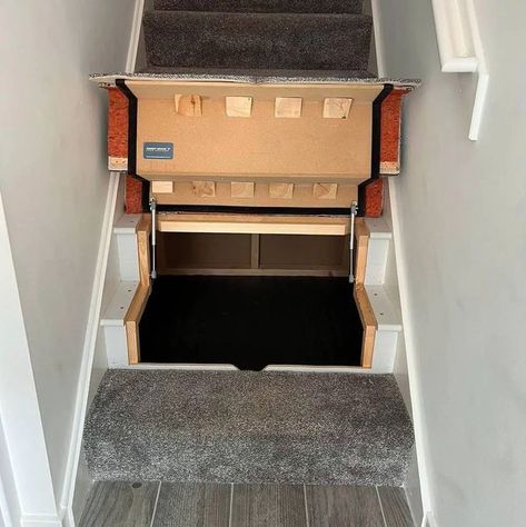 Under Stairs Doors Diy, Hidden Storage Stairs, Stair Shoe Storage Ideas, Cupboard Above Stairs, Storage In Stairs Steps, Stair Drawers Storage, Under Step Storage, Over Stairs Cupboard, Small Under Stairs Storage Solutions