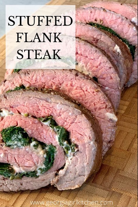 Stuffed Flank Steak is a perfect meal for any special occasion! This beautiful main course is a tenderized flank steak stuffed with goat cheese, mushrooms, and spinach. Grill it or bake it for a sophisticated, delicious dinner! #flanksteak #holidayrecipe #christmasdinner #entertaining #beefrecipesfordinner #georgiagirlkitchen Flank Steak Stuffed, Stuffed Flank Steak, Flank Steak Recipes, Garlic Spinach, Grilled Dinner, Holiday Meal, Holiday Meals, Supper Recipes, Potluck Recipes