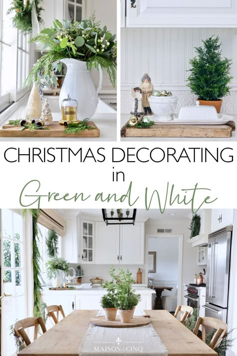 Looking for ideas for Christmas decorating? We decked out the kitchen in shades of sage green and white, along with lots of greenery, for a serene but festive take on the season! Soft & Subtle Holiday Decor ideas ---> #maisondecinq christmasdecor holidaydecor neutralchristmas frenchfarmhouse frenchcountry europeanfarmhouse countryfrench frenchchristmas frenchcountrychristmas Sage Green Christmas Decor, Shades Of Sage Green, Holiday Decor Ideas, French Country Christmas, Cozy Christmas Decor, Christmas Entertaining, Country Christmas Decorations, Gold Christmas Decorations, Country Holiday