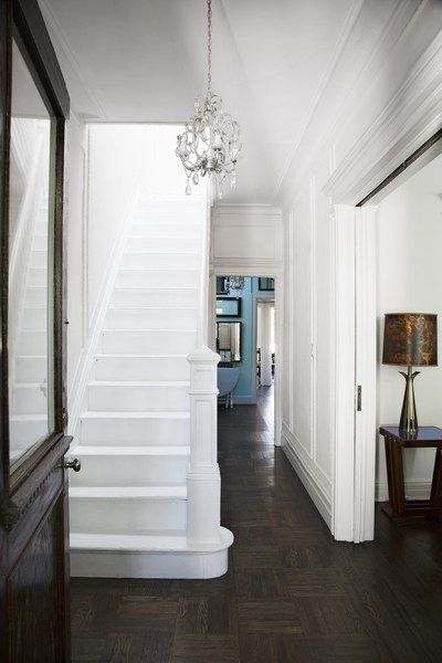 The white staircase brightens the front hall. A lot of brownstones are dark but when you walk into ours it feels... Stairs With Carpet, Brooklyn Townhouse, White Staircase, Painted Staircases, White Stairs, Traditional Staircase, Marble Stairs, Staircase Makeover, Painted Stairs