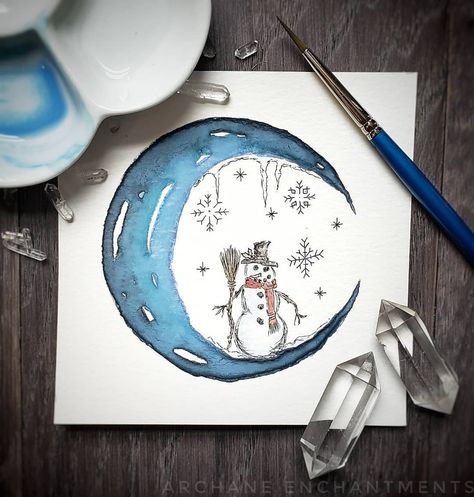 Morning Sunshines, with December fully upon us I am longing for snow. It's funny how a couple short weeks can make a difference in our mood… Yuletide Blessings, Zodiac Decor, Moon Watercolor, Frosty Snowman, Christmas Painting, Snowman Painting, Winter Painting, Witchy Decor, Winter Art