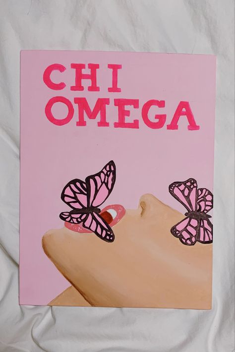 painting of woman with pink butterfly on tongue, in front of pink background with hot pink text at the top reading “chi omega” Chi Omega Paintings Canvases, Pink Aesthetic Painting, Playboy Poster, Alpha Chi Omega Canvas Painting, Alpha Chi Omega Wall Art, Sorority Canvas Butterfly, Chi Omega Canvas, Chi Omega Wooden Letters, Sorority Canvas Paintings