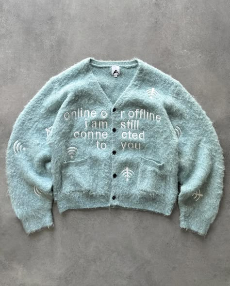 ✦ The Baby Blue “ONLINE OR OFFLINE” Embroidered Mohair Cardigan from Artificial Fever via @artificialfever Old Money Streetwear, Aesthetic Old, Mohair Cardigan, Clothing Pieces, Color Inspo, Hawaii Shirt, Wide Sleeves, Design Reference, Old Money