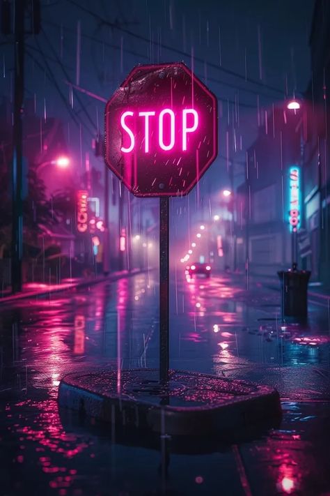 Midjourney AI Image: a stop sign with neon pink lights in a rainy night scenery --ar 2:3 → more in ai-img-gen.com Pink Sign Aesthetic, Lofi Painting, Pink Stop Sign, Neon Pink Lights, Neon Lights Aesthetic, Neon Cyberpunk Aesthetic, Neon Pink Aesthetic, Cyberpunk Vibes, Pink Lights