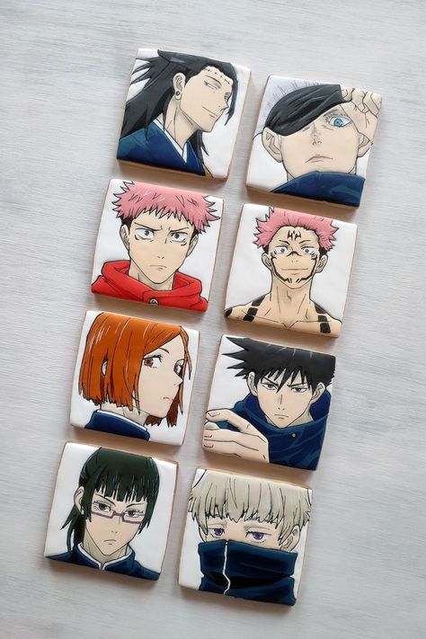 Jujutsu Kaisen Birthday Party, Jujutsu Kaisen Birthday Party Ideas, Jujutsu Kaisen Cakes Birthday, Jujutsu Kaisen Cake, Jujutsu Kaisen Birthday, Anime Cupcakes, Friend Painting Ideas, Anime Cookies, Cookie Decorating Icing