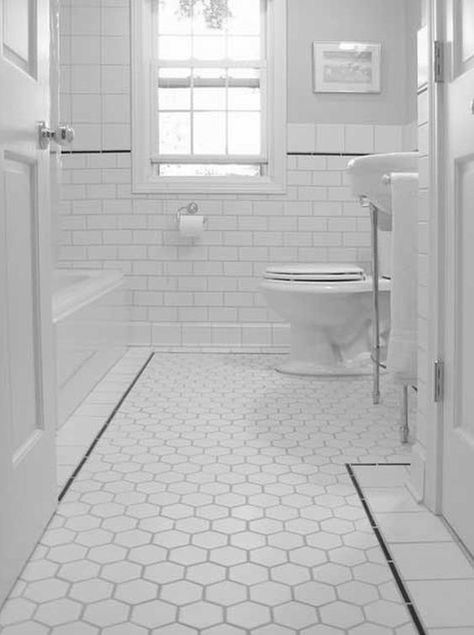 Vintage Bathroom Floor, Black And White Bathroom Floor, Makeover Kamar Mandi, Small Bathroom Renovations, White Bathroom Tiles, White Tile Floor, Floor Tile Design, Patterned Floor Tiles, Floor Ideas