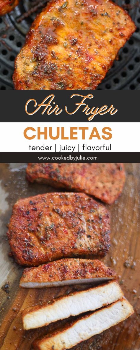 These air fryer chuletas are boneless pork chops seasoned and cooked to perfection! Super tender, juicy, and packed with flavor. Serve these chuletas with Cuban red beans, white rice, and tomato avocado salad for a complete dinner meal. Pork chops are great because they're inexpensive, flavorful, and cook very quickly. Spanish Boneless Pork Chops, Sazon Pork Chops, Chuletas Guisadas Puerto Rico, Boneless Pork Chop Recipes Air Fryer, Mexican Pork Chop Recipes, Cuban Red Beans, Air Fryer Pork Chops Boneless, Air Fryer Boneless Pork Chops, Spanish Pork Chops