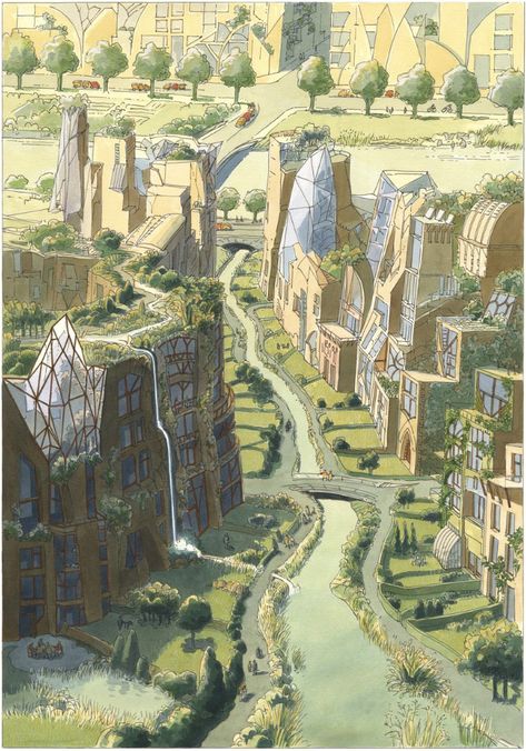 Solar City, Solar Punk, Futurisme Retro, Eco City, Green City, Fantasy City, Fantasy Setting, Fantasy Places, Future City