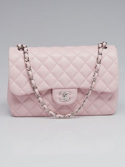 Chanel Light Pink Quilted Lambskin Leather Classic Jumbo Double Flap Bag - Yoogi's Closet Pink Chanel Flap Bag, Designer Pink Bag, Light Pink Chanel Bag, Chanel Pink Bag, Pink Chanel Flap, Chanel Bag Pink, Feminine Esthetics, Purse Wishlist, Light Pink Bag