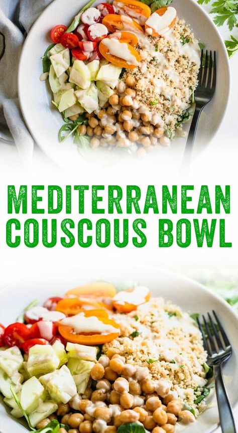 This Mediterranean bowl couscous recipe is a fast weeknight dinner! It features quick-cooking couscous with chickpeas and a creamy tahini sauce. #healthy #mealprep #vegan #vegandinner #plantbased #vegetarian #meatlessmonday #quickrecipe #quickdinner #weeknightmeal Vegan Couscous Bowl, Couscous Bowl Recipes, Cooking Couscous, Couscous Bowls, Couscous Bowl, Mediterranean Bowl, Making Couscous, Mediterranean Couscous, Mediterranean Bowls