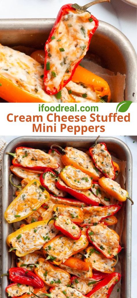 Cream Cheese Stuffed Mini Peppers is an easy appetizer made with 6 simple ingredients and ready in 25 minutes. Sweet mini peppers are stuffed with cream cheese, cheddar cheese and chives, then baked just until creamy! Stuffed Mini Sweet Pepper Recipes, Stuffed Sweet Peppers Cream Cheese, Stuffed Mini Peppers Appetizers, Mini Pepper Recipes, Cream Cheese Peppers, Stuffed Mini Bell Peppers, Cream Cheese Stuffed Mini Peppers, Stuffed Mini Sweet Peppers, Cheese Stuffed Mini Peppers