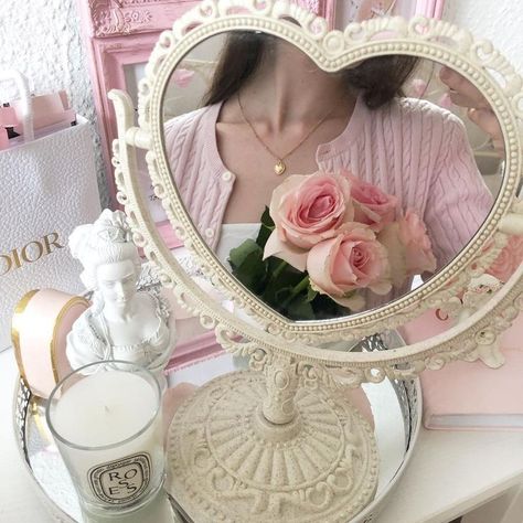 Coquette Widgets, Shape Mirrors, Ig Theme, Plastic Dresser, Soft Pink Theme, Pretty Pink Princess, Heart Mirror, Princess Core, Mirror Bathroom