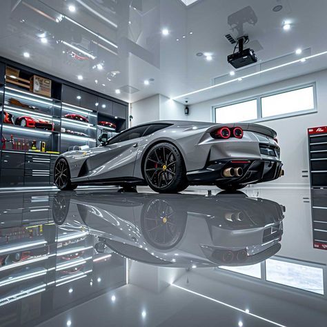 Luxury Home Garage Design, Stylish Garage Interior, Epoxy Flooring Garage, Dream Garage Luxury, Detailing Studio Design, Rich Garage, Luxury Garage Interior, Epoxy Garage Floor Ideas, Modern Garage Design