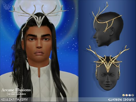 Sims 4 — Arcane Illusions - Elvenking Crown by feyona — I was inspired by the crown worn by Thranduil from The Hobbit. It Los Sims 4 Mods, Male Fairy, Fantasy Crown, Sims Medieval, Sims 4 Studio, Sims 4 Characters, Sims 4 Downloads, Sims 4 Cc Furniture, Sims Hair