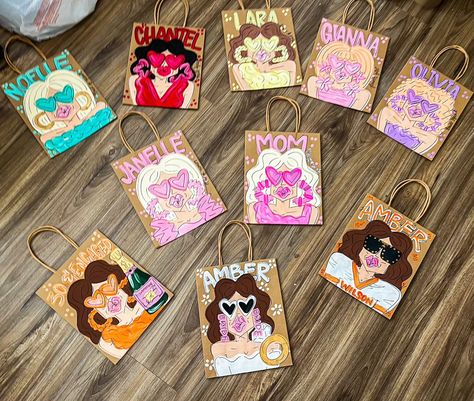 Custom gift bags!! Available for purchase on my Etsy!! Perfect for birthdays, bachelorette events, and more! 🤩🫶🏼💕 #bag #banner #paperbag #art #paint #painter #artwork Paper Bag Painting, Painted Gift Bags, Nyc Bachelorette, Big/little Baskets, Birthday Bags, Princess Painting, Birthday Painting, Paint Inspo, Custom Gift Bags