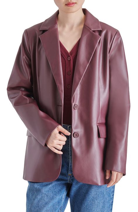 Steve Madden Vegan Leather Boyfriend Blazer available at #nordstromrack Faux Leather Trench Coat, Steve Madden Jacket, Faux Leather Blazer, Boyfriend Blazer, Leather Trench, Leather Trench Coat, Maroon Color, Leather Blazer, Boyfriend Fit