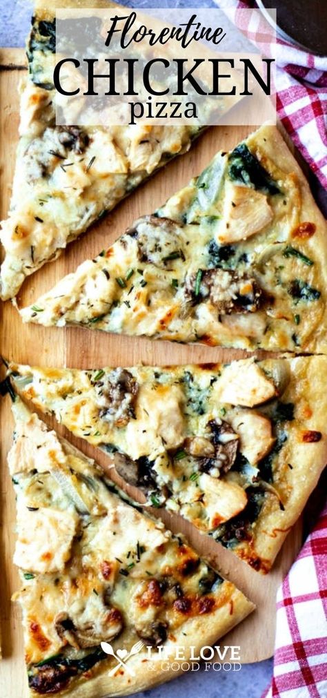 Chicken Ricotta Pizza, Chicken Florentine Pizza, Chicken Spinach Pizza Recipes, Chicken And Spinach Pizza, Spinach Mushroom Pizza, Tuscan Chicken Pizza, Pizza With Chicken Recipes, Chicken Spinach Pizza, Chicken Pizza Ideas