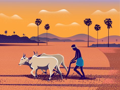 Cultivating Land by Partho Mondal on Dribbble Ranganath Krishnamani, Farmer Painting, Village Scene Drawing, Agriculture Photography, Farmers Day, Indian Illustration, Scene Drawing, Illustration Art Design, Art Village