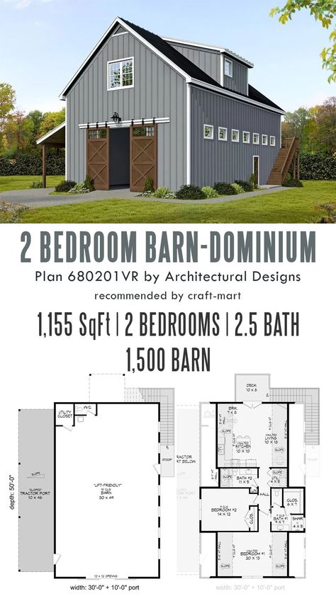 This barn plan boasts a 1,500 square feet barn on the ground floor, easily accessible through its 12' by 12' barn doors. Take the stairs running along the right side and you'll find yourself in the 1,155 sq. ft. living quarters above. Complete with a fully equipped kitchen at the back, an open living space in the front, and a full bath in the middle, it's the perfect setup for comfortable living and working. Small Metal Building Homes With Shop, Shop With Living Quarters Above, 30x40 Pole Barn House Plans With Loft, Barndominium With Shop And Loft, Small Barn With Living Quarters, Pole Building With Living Quarters, Barndominium 2 Bedroom Floor Plans, Shop With Loft Living Quarters, Hanger Homes Floor Plans