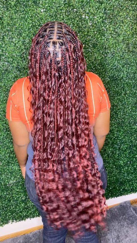 Purple Bohemian Box Braids, 99j Goddess Box Braids, Bohomeian Box Braids, Custom Braid Color, Pick And Drop Braids Red, Burgundy Bohemian Braids, Boho Braids Burgundy, Bohemian Knotless Braids Burgundy, 99j Boho Knotless Braids