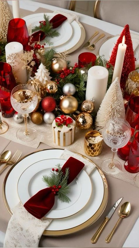 Christmas Table Settings Round Tables, Round Christmas Table Decor, Christmas Table Settings Elegant, Christmas Table Settings Ideas, Štědrý Den, Table Settings Ideas, Cozy Holiday Decor, Christmas Dining Table Decor, Christmas Decorations Centerpiece