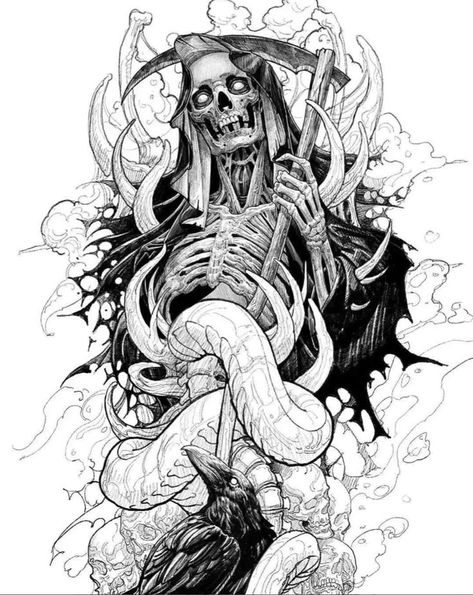 La Muerte Tattoo, Grim Reaper Drawing, Reaper Drawing, Grim Reaper Tattoo, Reaper Tattoo, Grim Reaper Art, Gaming Design, Skull Art Drawing, Creepy Tattoos