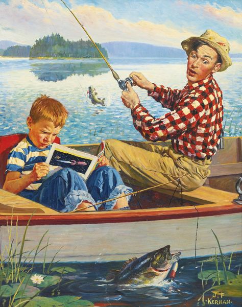 JOSEPH FRANCIS KERNAN 1878-1958 FISHING WITH DAD signed J.F Kernan (lower right) oil on canvas 30 by 24 inches (76.2 by 70 cm) 1950s Camping, Vintage Camping Aesthetic, 70s Camping, Literature Artwork, Vintage Camping Photos, Camping Illustration, Camp Decor, Bathroom Pics, Camping Clothes