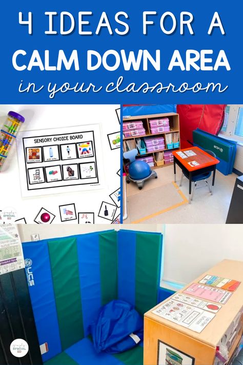 Are you looking for some new ideas for a calm down center or a calm down corner in your classroom? I’m sharing my 4 best ideas for a calm down center that is perfect for your special education classroom. These self regulation activities for kids can make their day run more smoothly. These calm down center ideas include define a space with furniture, use gym mats for kids, self regulation kit for staff, and a sensory self regulation toolkit. Set up your special education students with success! Diy Sensory Area Classroom, Calm Down Space In Classroom, Sped Calm Down Area, Calm Down Corner Classroom Special Needs, Calm Down Corner Special Education, Calming Corner Elementary Classroom, Calm Area Classroom, Break Space In Classroom, Calm Down Space Classroom