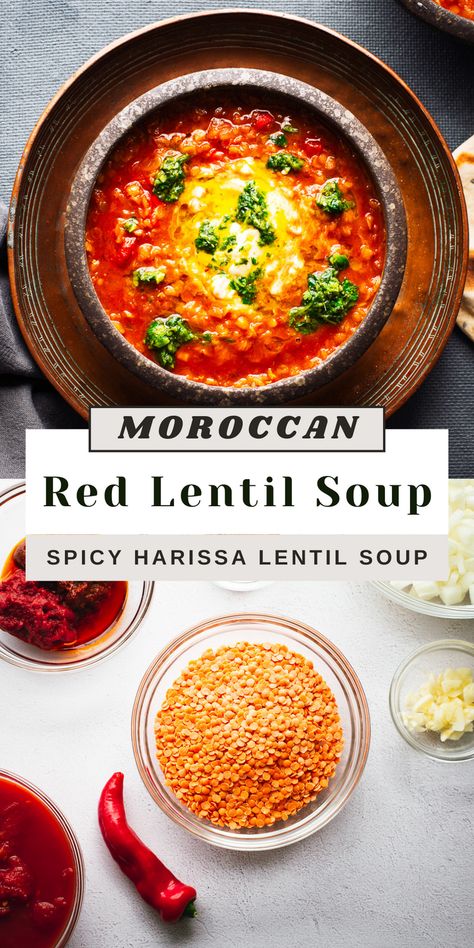 Warm up with this delicious and easy to make spicy Moroccan lentil soup! Packed with plant protein and Moroccan-inspired flavour from aromatic spices, harissa, and tangy lemon, this soup is a vegan and vegetable-packed lentil soup. Perfect for a chilly evening, this Moroccan lentil soup is a simple, healthy and hearty meal. Whip up this flavourful soup recipe for a satisfying and nourishing meal tonight! Arabic Lentil Soup Recipe, Spicy Lentils, Chinese Egg Drop Soup, Soup With Cilantro, Middle Eastern Lentil Soup, Gochujang Paste, Moroccan Lentil Soup, Moroccan Lentil, Japanese Miso Soup