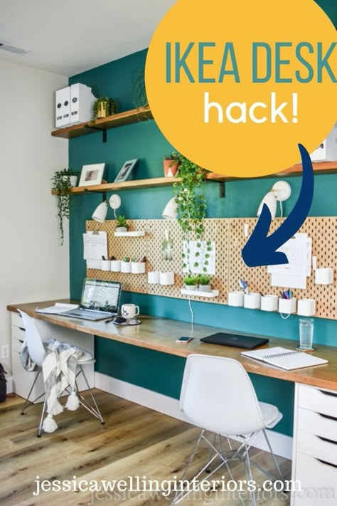 This simple Ikea desk hack looks high-end, yet it's budget-friendly, and easy to DIY. Plus it can be customized to fit any space! This extra long Ikea desk is perfect for a home office for two or even three! It's also great for homeschool rooms or distance learning spaces! This simple Ikea desk DIY hack looks high-end, yet it's budget-friendly, and easy to DIY. Plus it can be customized to fit any space! This extra long Ikea desk is perfect for a home office for two or even three! Ikea Home Office For Two Work Spaces, Long Craft Desk, Wallpaper Desk Wall, Ikea Desk Hack Home Offices Home Office, Home Desk For Two, Multi Desk Home Office, Extra Long Desk For Two, Home Office High Desk, Three Desks In One Room