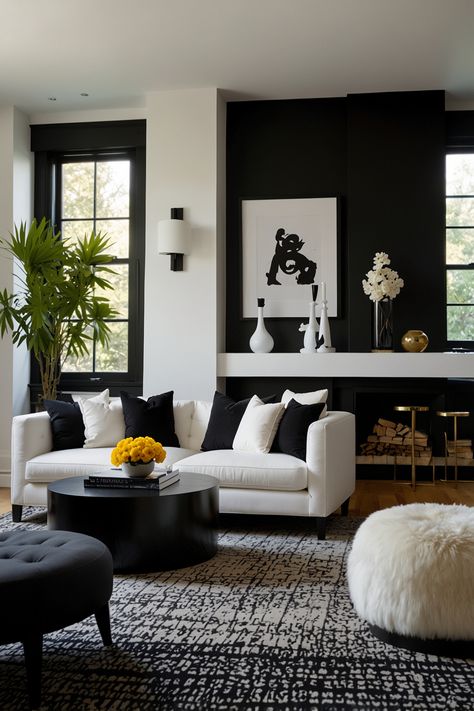 Explore this modern living room, featuring striking black-and-white decor that creates a captivating and bold contrast. The chic design elements and contemporary aesthetics make it a stylish and inviting space.  #ModernLivingRoom #BlackAndWhiteDecor #HomeDesign #InteriorInspo #ContemporaryLiving #ChicHome #BoldInteriors Black White Home, Black And White Home Interior Living Room, Black White Home Decor, Black And White House Aesthetic, Black And White Decorating Ideas, Black And White Decor Living Room, Modern Black And White Living Room, Black And White Modern Farmhouse, Black And White Interior Design