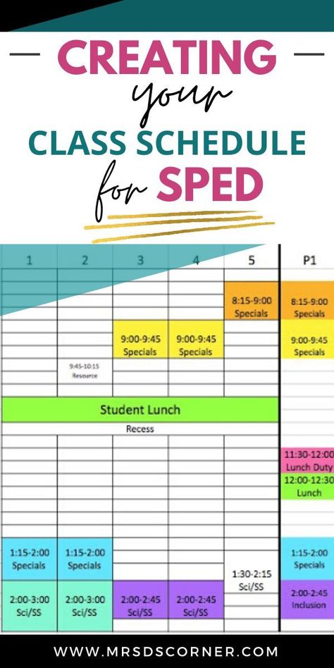 Creating a class schedule for a special needs classroom is daunting. Let's be honest... for a lot of us, it's our least favorite thing to do all year long. But I have some tricks of the trade to share with you to make it as painless as possible at the beginning of the school year. Blog post at Mrs. D's Corner. Fun Special Education Activities, Special Ed Schedule Ideas, Self Contained Classroom Setup Middle School, Special Education Classroom Schedule, Sped Classroom Organization, Special Education Classroom Must Haves, Special Ed Classroom Setup, Sped Organization, Special Education Schedule