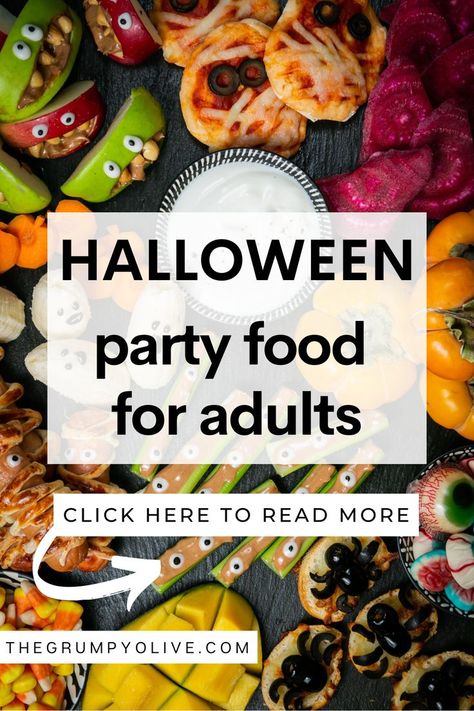 Are you after some Halloween party food ideas? This 40+ recipe includes Halloween appetizers, Halloween main courses, Halloween alcoholic drinks and desserts. Halloween party food ideas for adults and kids alike. Get ready for Halloween party food for a crowd. Check these food recipes ideas now on the blog! #halloweenpartyfoodideas #halloweenparty #halloweenpartyfoodforadults #halloweenpartyfoodforkids Halloween Appetizers For Party Adults Healthy, Hollowed Party Food, Halloween Party Foods For A Crowd, Girls Night Halloween Party Food, Fancy Halloween Appetizers, Halloween Office Potluck Ideas, Skeleton Party Food, Halloween Party Appetizers For Adults, Halloween Party Hors D’oeuvres