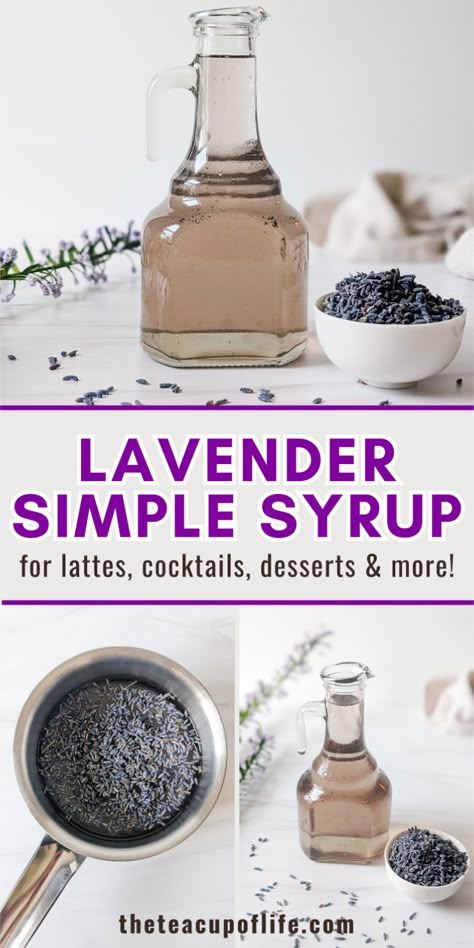 Lavender Simple Syrup is a homemade liquid sweetener that infuses drinks and other recipes with a soothing floral essence. This syrup is aromatic and adds a soothing floral twist to drinks and other recipes.  If you’re worried about the lavender being too strong and perfume-like, that’s not the case here when prepared properly. Also, the sweetness helps with that. While you can buy this syrup online or in-stores, this recipe will show you just how simple and inexpensive it is to make at home! Lavender Simple Syrup Recipe, Lavender Simple Syrup, Simple Syrup Recipe, Simple Syrups, Lavender Recipes, Culinary Lavender, Lavender Syrup, Syrup Recipes, Simple Syrup Recipes