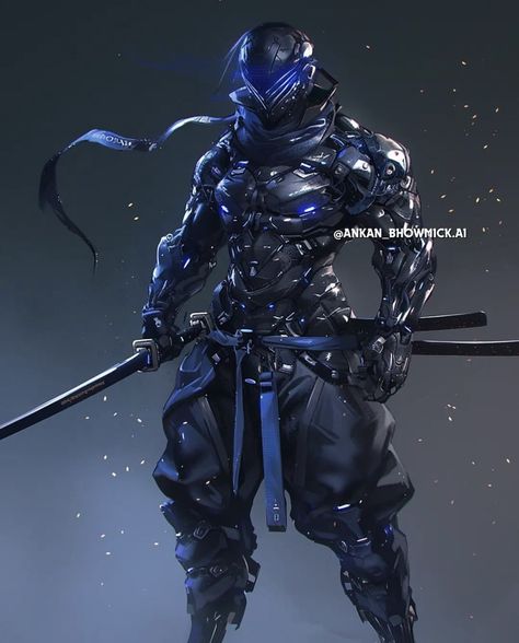 Fantasy Sci Fi Armor Black, High Tech Armor Sci Fi, Sci Fi Assassin Concept Art, Sci Fi Swordsman, Cyberpunk Swordsman, Ninja Mecha, Shadow Armor, Vigilante Oc, Japanese Wave Painting