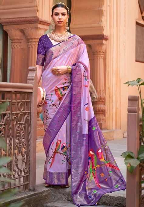 Lilac Woven Paithani Silk Saree Purple Weave, Cotton Silk Fabric, Paithani Saree, Purple Fabric, Silk Sarees Online, Purple Silk, Soft Silk Sarees, Traditional Sarees, Lavender Color