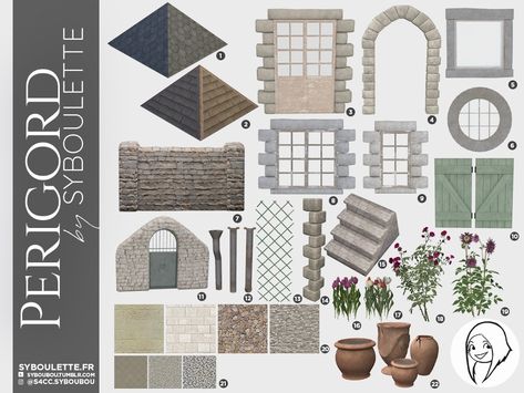 Perigord country build cc sims 4 1 The Sims 4 Exterior, French Countryside House, Build Cc Sims 4, Sims 4 Exterior, Sims 4 Cottage, Wall Trellis, The Sims 4 Pc, Sims 4 Bedroom, Sims 4 House Design