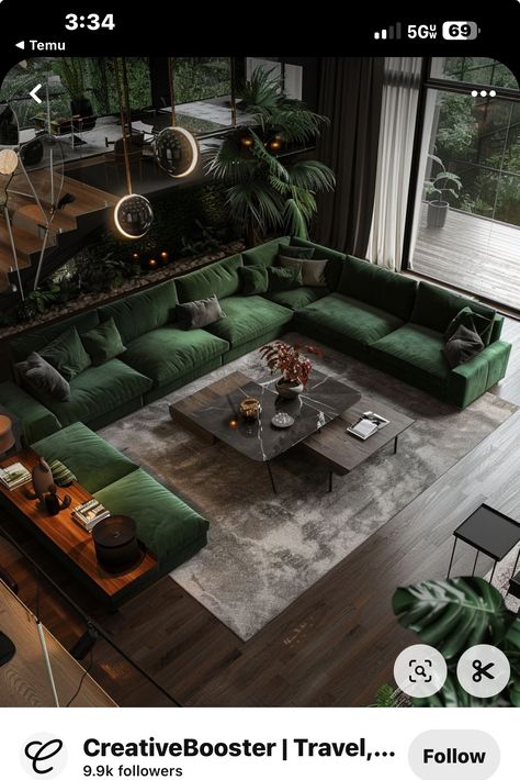 Home Green Aesthetic, Emerald Green Home Decor Living Rooms, Dark Green Black And White Living Room, Dark Green Gold Living Room, Rooms With Emerald Green Sofa, Green Living Room Couch Ideas, Hunter Green Apartment Decor, Green Lounge Room Ideas, Fern Green Living Room