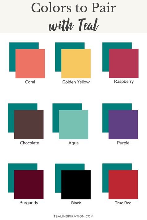 Colors to Pair with Teal Colors That Go With Teal Clothes, Colors That Go With Turquoise Outfits, Two Colors Combinations, Teal Shoes Outfit Color Combinations, Pairing Colors, Teal Color Kitchen, Wearing Color Combination, How To Pair Teal, Teal Combination Outfit