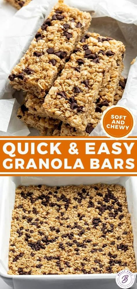 These Homemade Granola Bars are chewy, crispy, and loaded with mini chocolate chips. Super quick and easy to make and unbelievably delicious! Dessert With Granola, Recipe For Granola Bars, Granola Bars With Quick Oats, Easy Granola Bars Healthy, Homemade Chewy Bars, Peanut Butter Chocolate Chip Granola Bar, Homemade Chocolate Granola Bars, Cheap Gluten Free Dinners For A Family, Best Homemade Granola Bars