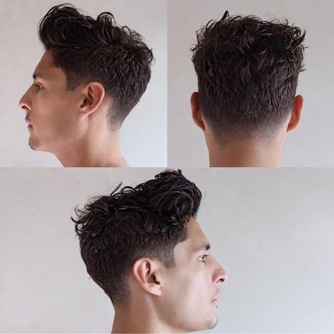 How-to Hairstyle Tutorial: - Tousled Wavy Pompadour with Taper Wavy Pompadour Men, Scrunching Hair, Latest Hairstyles For Men, Messy Pompadour, Crew Cut Hair, Taper Fade Short Hair, Scrunched Hair, Pompadour Hairstyle, Boy Hair