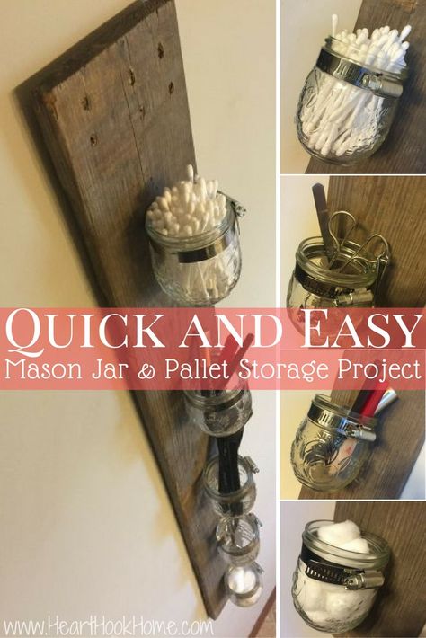 Mason Jar and Pallet Board: DIY Storage Rack http://hearthookhome.com/mason-jar-and-pallet-board-diy-storage-rack/ Mason Jar Storage, Diy Storage Rack, Pallet Storage, Diy Hanging Shelves, Mason Jar Bathroom, Mason Jar Projects, Pallet Boards, Diy Jar Crafts, Wine Bottle Diy Crafts