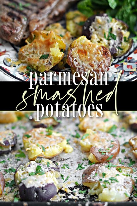 Change up your dinner potato side, and that game day snack favorite with these easy and delicious sheet pan parmesan smashed potatoes! Parm Potatoes, Parmesan Smashed Potatoes, Steak Sides, Toppings Bar, Steak Side Dishes, Gluten Free Potatoes, Gluten Free Sides Dishes, Easy Potato Recipes, Homemade Meals