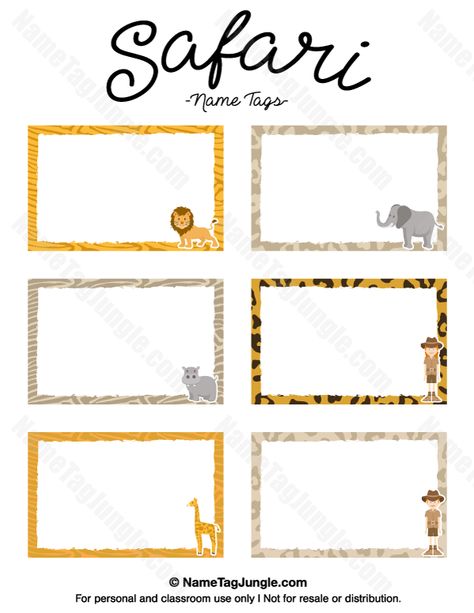 Free printable safari name tags. The template can also be used for creating items like labels and place cards. Download the PDF at http://nametagjungle.com/name-tag/safari/ Jungle Name Tags Free Printable, Safari Name Tags, Storybook Background, Animal Name Tags, Cubby Name Tags, Safari Theme Classroom, Tag Template Free, Cubby Tags, Classroom Name Tags