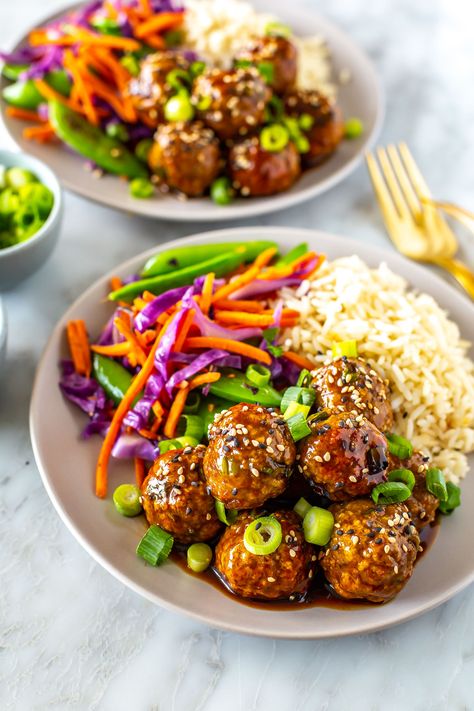 Sticky Teriyaki Meatballs, Chicken Meatball Rice Bowl, Teriyaki Meatball Stir Fry, Teriyaki Meatball Bowls, Meatball Rice Recipes, Healthy Food With Rice, Chicken Teriyaki Meatballs Costco, Teriyaki Meatballs And Rice, Chicken Meatballs And Rice