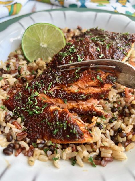 This Easy Jerk Salmon Recipe is loaded with Caribbean flavor from a homemade jerk seasoning that will wake up your taste buds! In less than 30 minutes, you'll have a delicious salmon dinner on the table that's easily baked in your oven at home. Jamaican Salmon Recipe, Jerk Salmon Recipe, Salmon Recipes Oven, Jerk Salmon, Seafood Dinner Recipes, Holiday Dishes, Jerk Seasoning, Teriyaki Salmon, Salmon Dinner